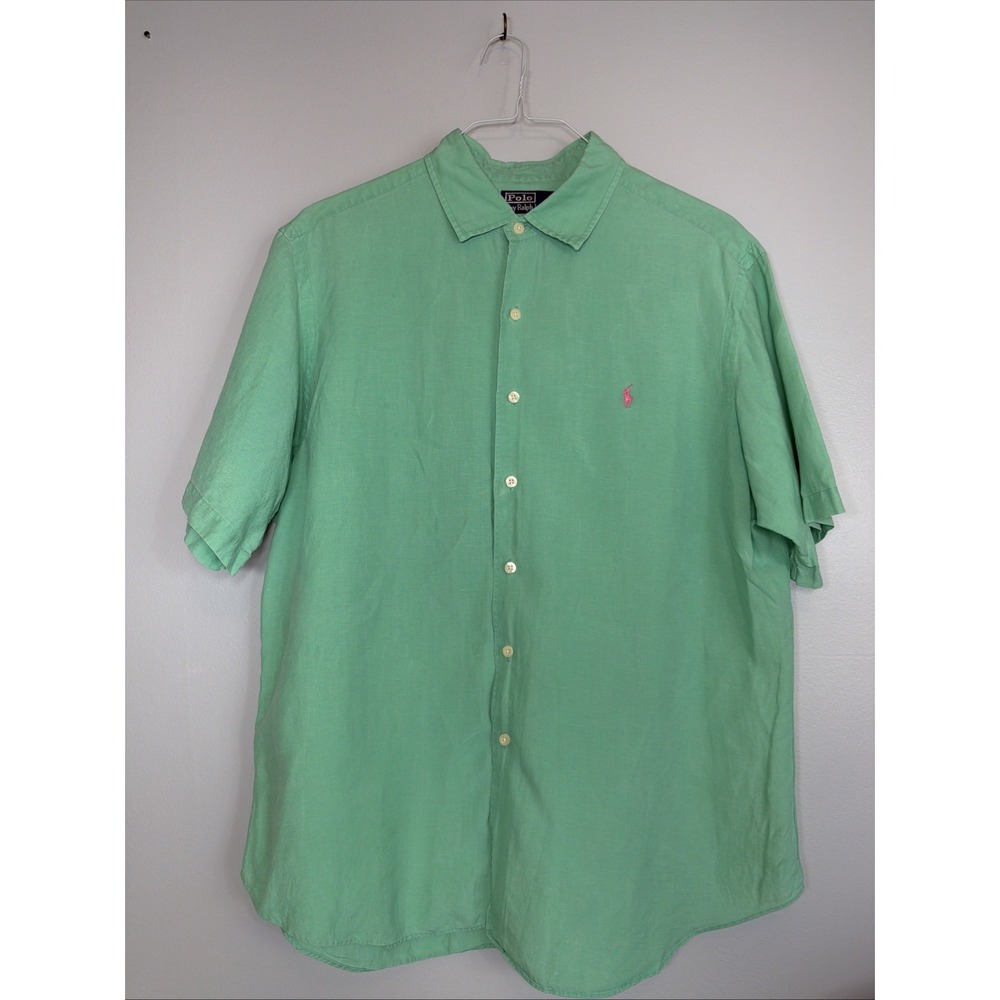 Polo Ralph Lauren Shirt Mens XL Light Green Linen Silk Short Sleeve Button Down